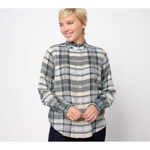 Encore by Idina Menzel Semi-Fitted Ruffle Trimmed Plaid Blouse Denim Multi XL